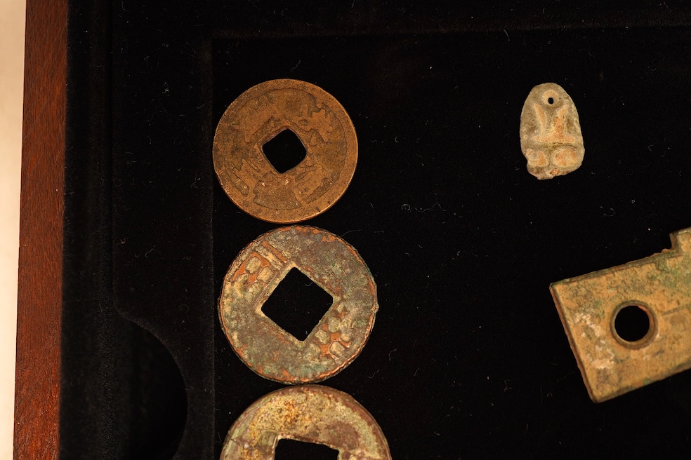 Westminster, coins of ancient China collection, including bone cowrie, the bronze to cowrie ghost face money, Ming Zi Dao coin knife money, Pan Liang coin, Zhuo Pu spade coin, and Hung Wu coin